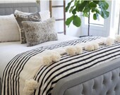 Wool Moroccan Pompom Blanket,bedroom blanket,moroccan throw blanket,pompom blanket, blanket with Black stripes and pompoms