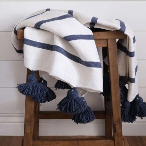 Navy Throw Blanket Pom Poms Etsy