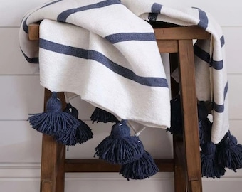 BERBER BLANKET - POM Pom Blanket - Moroccan Tassel Throw Warm Blanket - Sofa Throw Cotton Blanket - New Home Gift - White/Navy Blue Blanket
