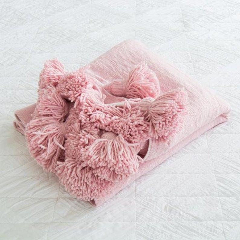 PINK THROW BLANKET Moroccan Blanket Pink Cotton Tassel Etsy