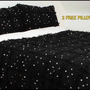 moroccan Handira Blanket, Moroccan Wedding Blanket Black with Sequin with 2 Pillows