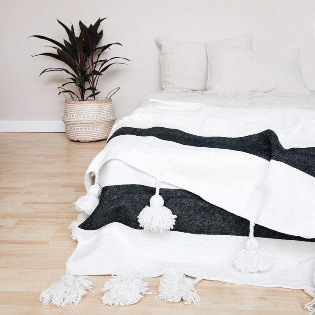POM POM BLANKET Moroccan Blanket Handmade Organic Cotton Black Stripes