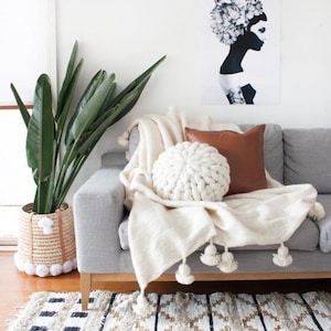 ORGANIC TASSELED THROW – Handmade Pom Pom Blanket – Moroccan Blanket – Bedroom Blanket – Gift Blanket