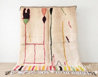 Large Cream and Green Beni Ourain Rug – Moroccan Handwoven Wool Berber Carpet – Modern Living Room Area Rug – Authentic Tapis Berbère