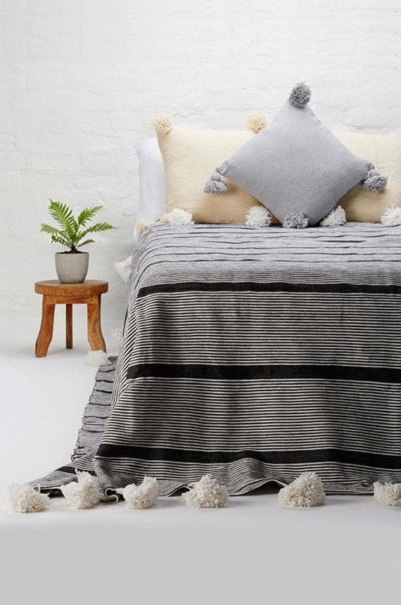 Cotton Moroccan Pompom Blanket bedroom Blanket moroccan Throw Blanket Moroccan Pompom Blanket Black and White Stripes With White Pompoms Etsy