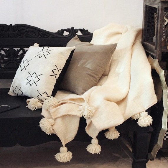 モロッコ直輸入 ポンポンブランケット 綿100%｜モロッコ ポンポン