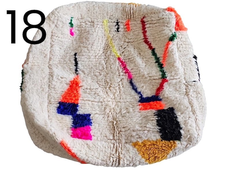 Puede incluir: Alfombra redonda, texturizada, de color blanquecino con dise&ntilde;os geom&eacute;tricos coloridos. La alfombra presenta formas naranjas, azules, rosas, amarillas, verdes y negras. El n&uacute;mero "18" est&aacute; en la esquina superior izquierda.