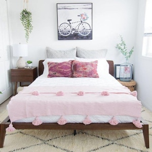 HANDWOVEN MOROCCAN BLANKET – Pom Pom Throw – Tassel Handmade Blanket – Bedroom Blanket – Gift for Friend