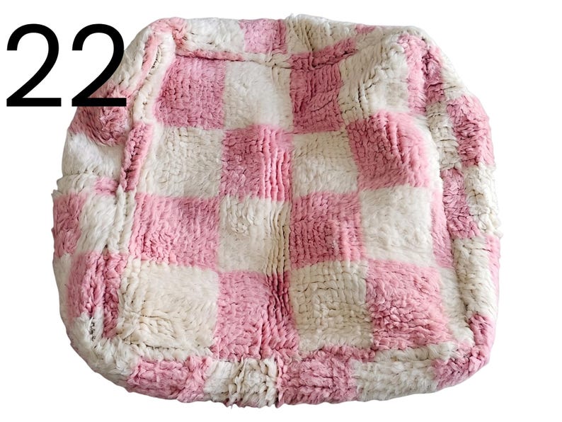 Puede incluir: Un coj&iacute;n cuadrado y afelpado con un dise&ntilde;o de tablero de ajedrez rosa y blanco. El coj&iacute;n tiene un aspecto suave y texturizado y probablemente est&aacute; hecho de un material esponjoso. El n&uacute;mero "22" est&aacute; en la esquina superior izquierda.