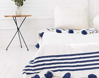 COZY THROW BLANKET - White/Blue Blanket - Moroccan Throw Cute Soft Modern Blanket - Blanket Wedding Gifts - Pom Pom Blanket With Tassels