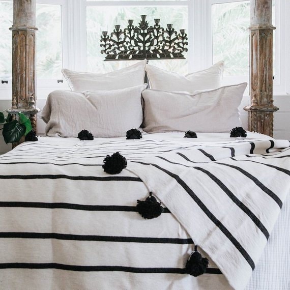 POM POM BLANKET Moroccan Blanket Handmade Organic Cotton Black Stripes Blanket Beautiful Throw Bedroom Tassels Blanket Gift for Her Etsy