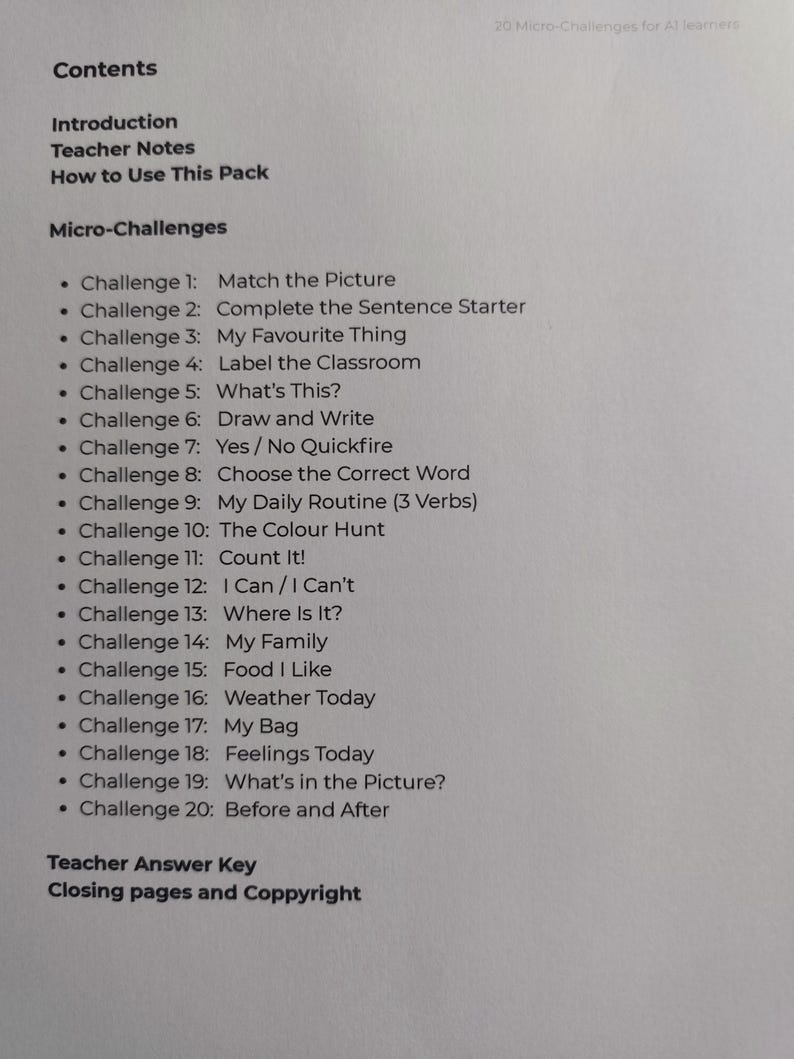 20 Micro‑challenges for A1 Learners | Simple, No‑prep ESL Activities - Etsy