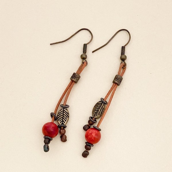 Leather and Bead Earrings, Red Sponge Coral Bead Earrings, Antique Brass Dangle Earrings