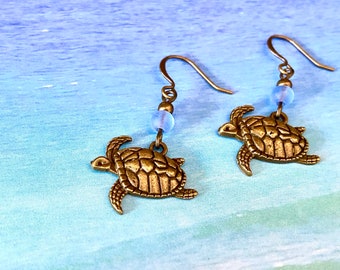 Sea Turtle Earrings, Turtle and sea glass earrings, turtle jewelry, beach jewelry