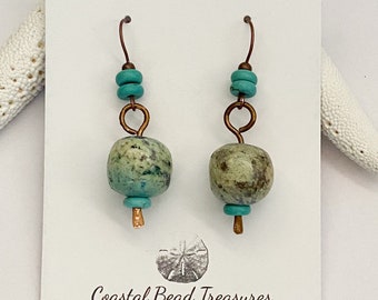 Bold Vintage Bead Earrings, Chunky Bead Earrings, Hammered Antique Copper Earrings