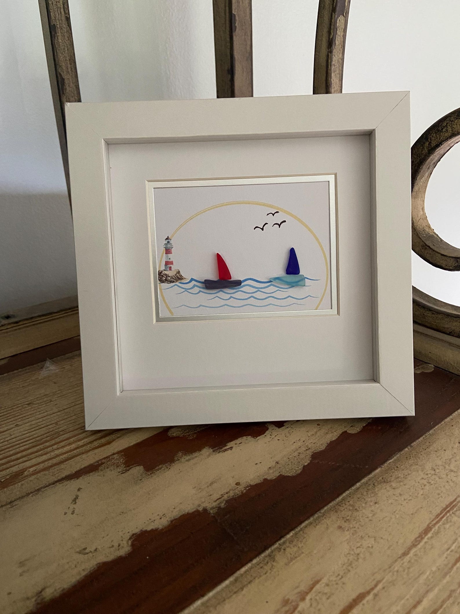 Framed Sea Glass Sailboat Art: Coastal Lighthouse Decor - Etsy
