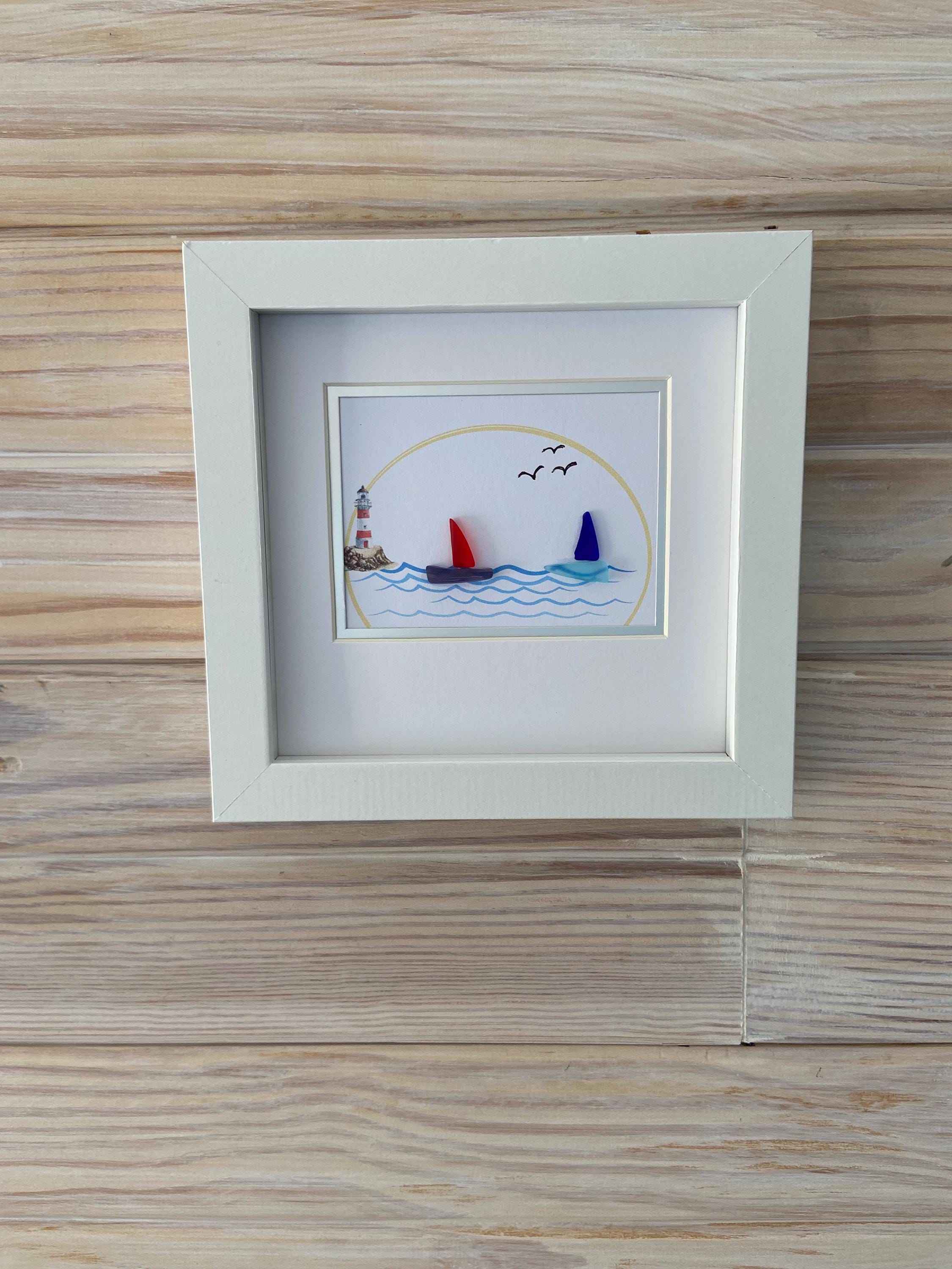 Framed Sea Glass Sailboat Art: Coastal Lighthouse Decor - Etsy