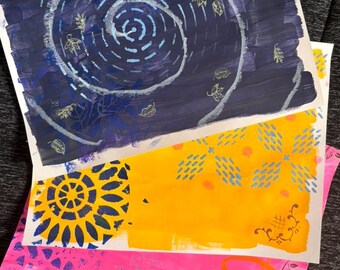 3 Original Mixed Media Art Papers | Hand-Painted Cardstock | Acrylic, Ink & Stencil Collage Supplies | Art Journal Paper