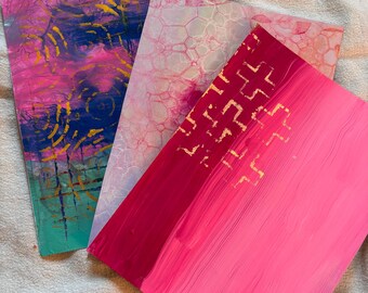 Three Piece Acrylic Art Set | Original Mixed Media Paintings on Paper | Colorful Mini Wall Art Collection