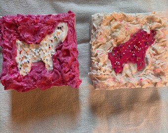 Textured Animal Cracker Art | Original 3x3 Mixed Media Canvas | Pink Iced Cookie Painting | Tiny Whimsical Wall Decor | Textured Art