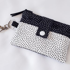 Petite pochette, porte-monnaie, porte-carte, porte-clés, à deux compartiments, en coton 100% , à pois noir et blanc
