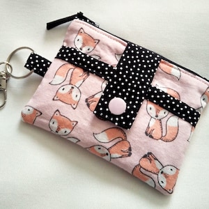 Petite pochette, porte-monnaie, porte-carte, porte-clés, à deux compartiments, en coton 100% , petits renards