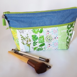 Pochette tout usage à deux compartiments, sac de voyage, étui à maquillage, étui à crayons, denim et patchwork de coton