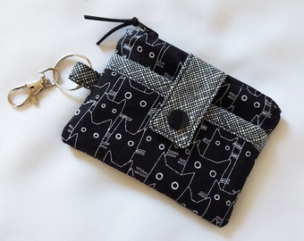 Small pouch, coin purse, card holder, key ring, with two compartments, in 100% cotton, black cats Dear Stella