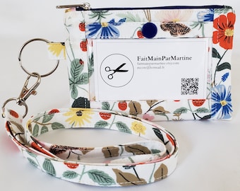 ID pouch, coin purse, card holder, key ring, ID pouch, neck strap, cotton rifle paper co Strawberry fields