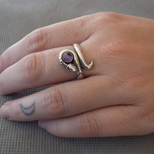 May include: A silver ring with a purple gemstone set in the center. The ring is shaped like a snake with its head curled around the stone.