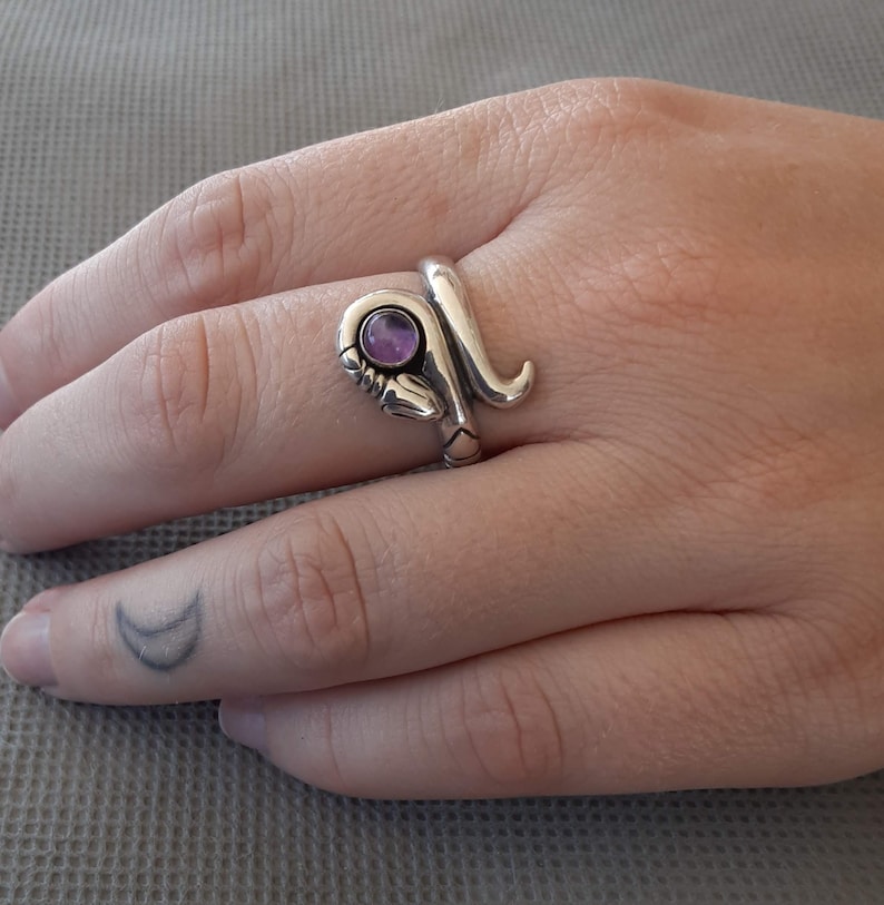 May include: A silver ring featuring a purple gemstone set in the centre. The ring is shaped like a snake with its head curled around the stone.