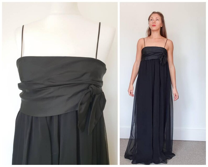 Beautiful Jean Varon Vintage 1970s Black Baby Doll Full Length Evening Gown Dress Size 8 to 10
