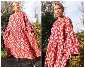 Handmade Oversized Big Sleeve Dress. Ruffle sleeves. 70s fabric. Made from vintage curtains. Christmas red leaf print. Size 18-20.