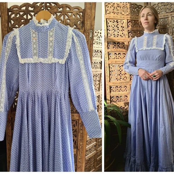 Vintage 1970s Laura Ashley Dress Made In Wales Blue Prairie Maxi Cotton Size 6 or Small 8