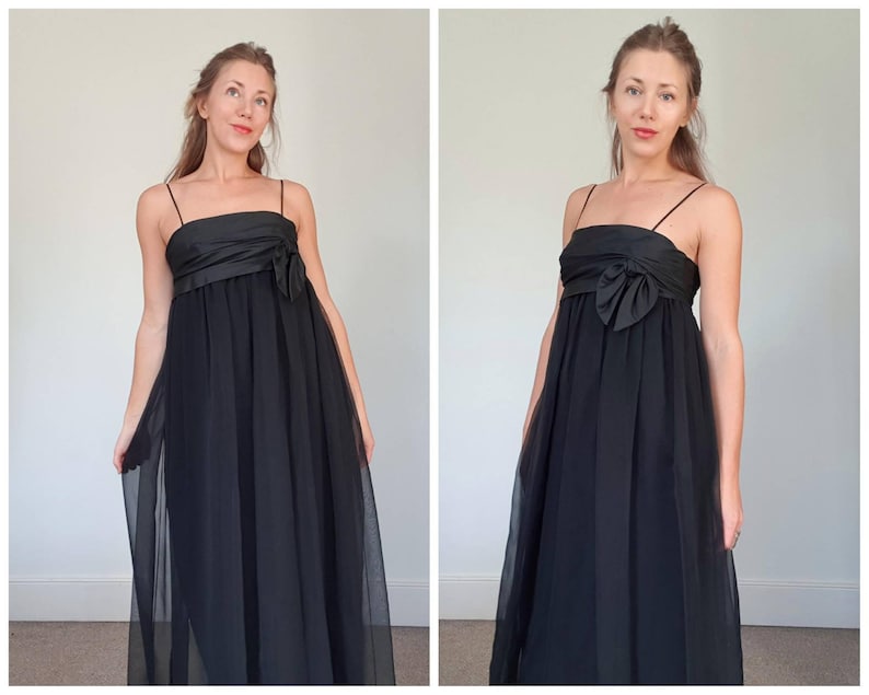 Beautiful Jean Varon Vintage 1970s Black Baby Doll Full Length Evening Gown Dress Size 8 to 10