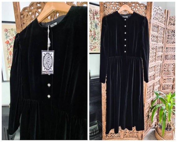 Vintage Marion Donaldson Black Velvet Midi Dress S