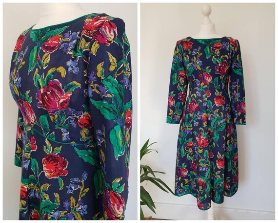 Anna Belinda Vintage 1980s Blue and Red Tulip Midi