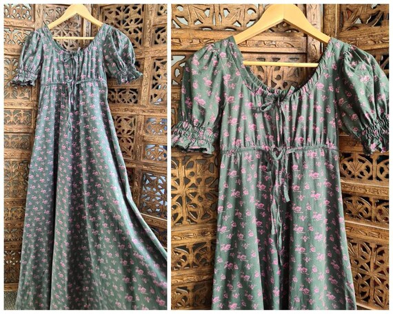 Vintage 1970s Laura Ashley Prairie Maxi Dress Gree