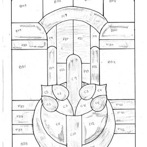 May include: A black and white line drawing of a stained glass window design. The design features a central motif of a stylised flower with a series of curved lines and circles. The design is labelled with numbers and letters, indicating the different pieces of glass that would be used to create the window.