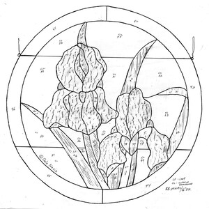 May include: A black and white line drawing of a stained glass pattern for a circular window featuring two iris flowers with leaves. The pattern is labeled with numbers and letters. The text "LF - Leaf, CL - Cuparor, 55 pieces 1/16" DIA." is included in the image.