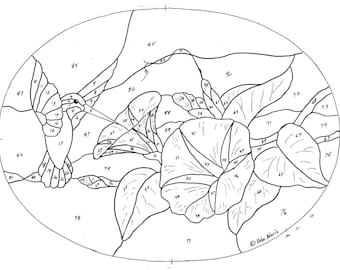 Hummingbird Morning Glories Stained Glass Pattern Digital Download, Hummingbird Morning Glory Stained Glass Design, Bird flower Pattern
