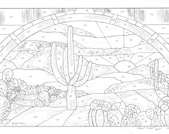 Desert Sunset Stained Glass Pattern Digital Download, South Western Stained Glass Design, Cactus, Mountains, Sunset Stained Glass Pattern
