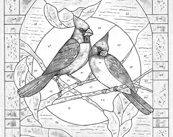 Cardinals stained glass #2 pattern, Male & Female Cardinals in a tree Stained glass design, Cardinals on a branch with leaves pattern