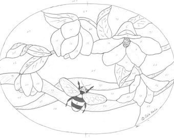 Bee and Flowers Stained Glass Pattern Digital Download, Floral Stained Glass Pattern, Bee Pattern, Bee Flower Design Digital Download