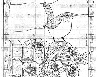 Wren and Jasmin Flowers Stained Glass Pattern Digital Download, Bird Flower Stained Glass Pattern Digital Download, Bird On Fence Pattern