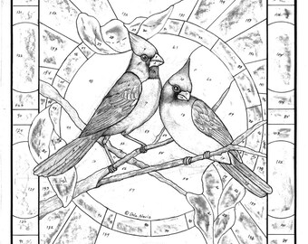 Cardinal stained glass pattern, Male & Female Cardinals in a tree Stained glass design, Cardinals on a branch with leaves pattern