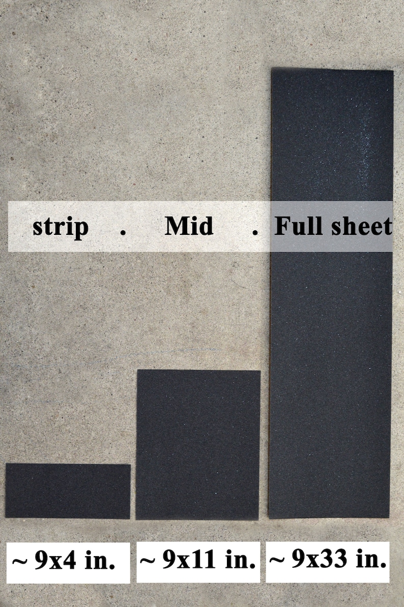 May include: Three black sandpaper sheets of different sizes. The smallest sheet is approximately 9 by 4 inches, the middle sheet is approximately 9 by 11 inches, and the largest sheet is approximately 9 by 33 inches.