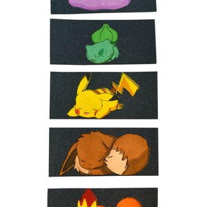 May include: Five different Pokemon characters are shown sleeping on a black background with a glittery texture. The Pokemon are: Jigglypuff, Bulbasaur, Pikachu, Eevee, and Charmander.