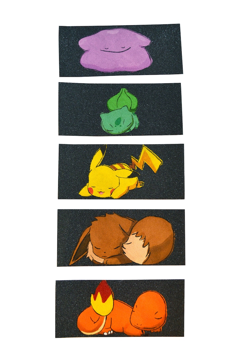 May include: Five different Pokemon characters are shown sleeping on a black background with a glittery texture. The Pokemon are: Jigglypuff, Bulbasaur, Pikachu, Eevee, and Charmander.