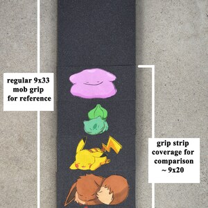 May include: A black skateboard grip tape with a pink, green, yellow, brown, and orange cartoon character design. The grip tape is 9 inches by 33 inches. A smaller section of grip tape is shown for comparison, measuring approximately 9 inches by 20 inches.